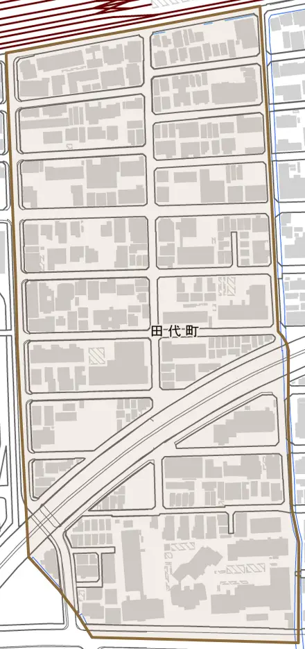 田代町とその周辺の地図。町の範囲を重ねている