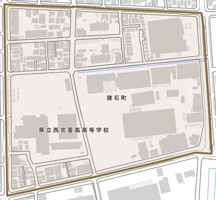 建石町とその周辺の地図。町の範囲を重ねている