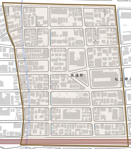 天道町とその周辺の地図。町の範囲を重ねている