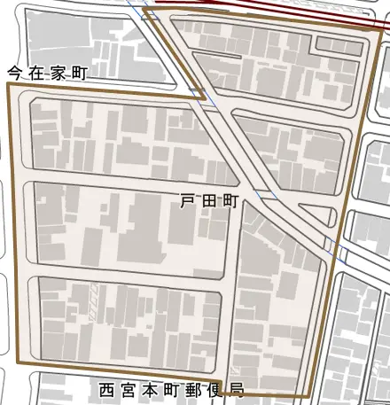 戸田町とその周辺の地図。町の範囲を重ねている