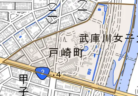 戸崎町とその周辺の地図。町の範囲を重ねている