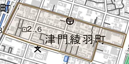 津門綾羽町とその周辺の地図。町の範囲を重ねている