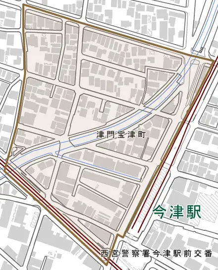 津門宝津町とその周辺の地図。町の範囲を重ねている