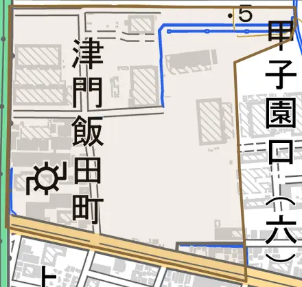 津門飯田町とその周辺の地図。町の範囲を重ねている