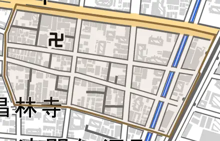 津門稲荷町とその周辺の地図。町の範囲を重ねている