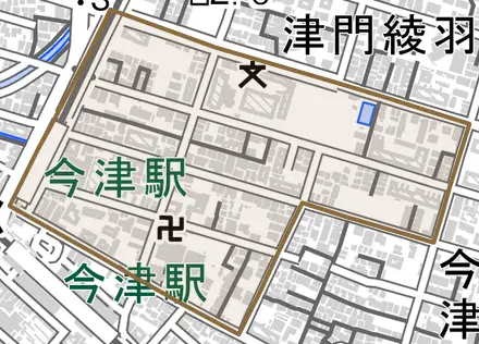 津門呉羽町とその周辺の地図。町の範囲を重ねている