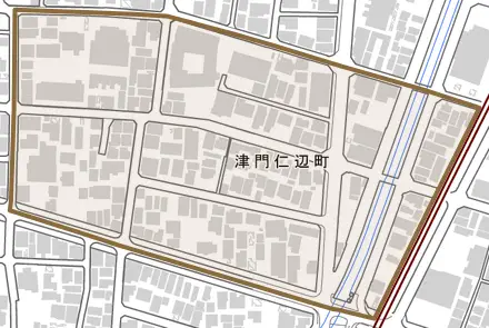 津門仁辺町とその周辺の地図。町の範囲を重ねている