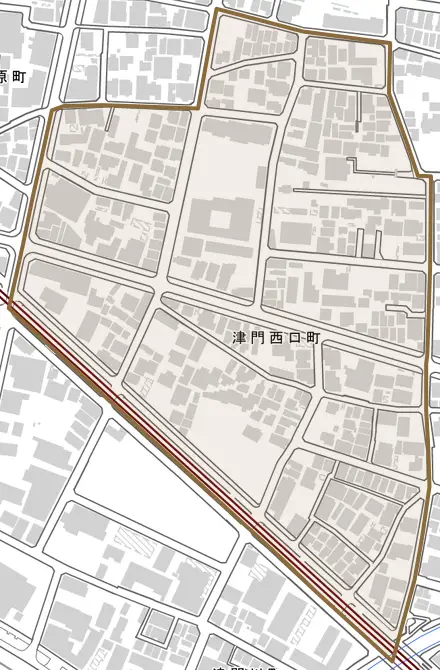 津門西口町とその周辺の地図。町の範囲を重ねている