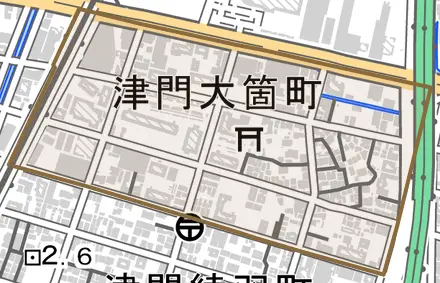 津門大箇町とその周辺の地図。町の範囲を重ねている