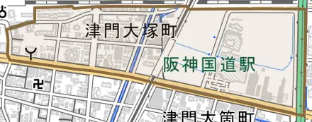 津門大塚町とその周辺の地図。町の範囲を重ねている