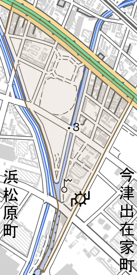 津門住江町とその周辺の地図。町の範囲を重ねている