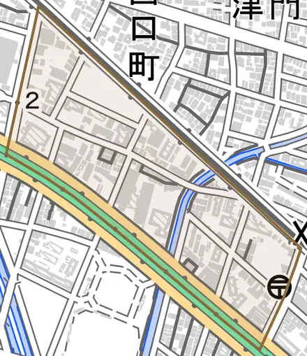 津門川町とその周辺の地図。町の範囲を重ねている