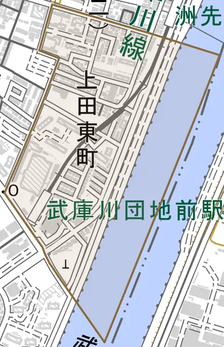 上田東町とその周辺の地図。町の範囲を重ねている
