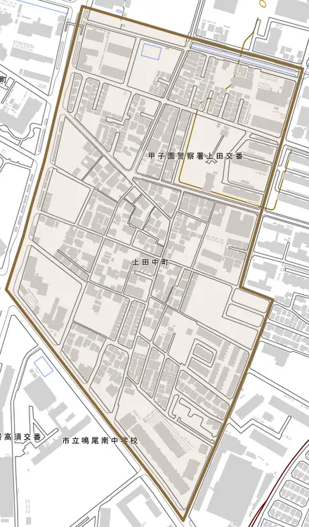 上田中町とその周辺の地図。町の範囲を重ねている