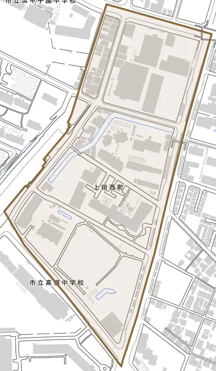 上田西町とその周辺の地図。町の範囲を重ねている