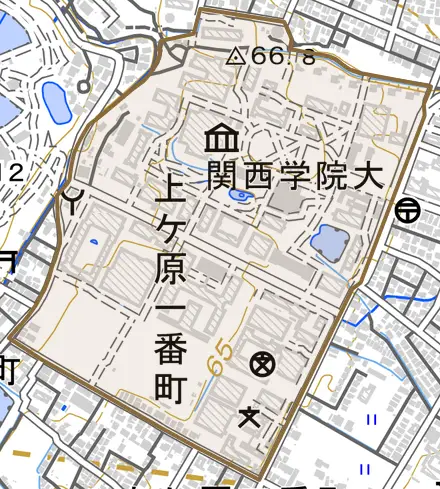 上ケ原一番町とその周辺の地図。町の範囲を重ねている