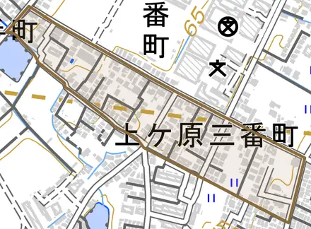 上ケ原三番町とその周辺の地図。町の範囲を重ねている