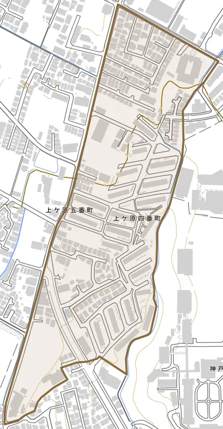 上ケ原四番町とその周辺の地図。町の範囲を重ねている
