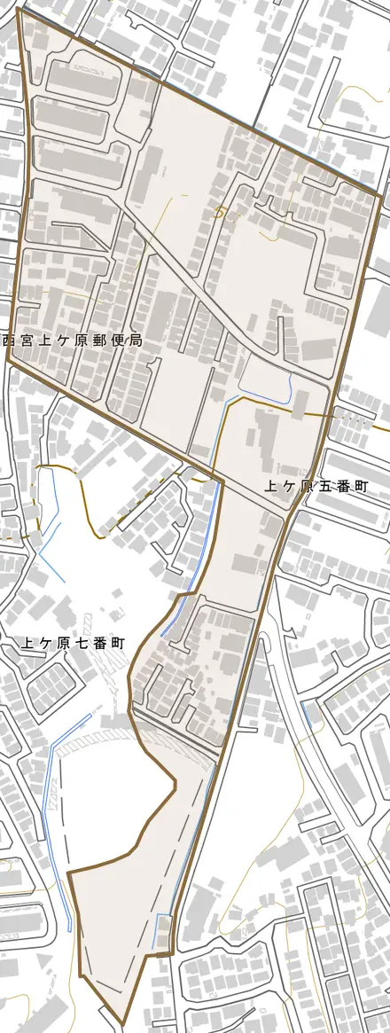上ケ原五番町とその周辺の地図。町の範囲を重ねている