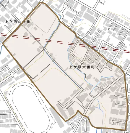 上ケ原六番町とその周辺の地図。町の範囲を重ねている
