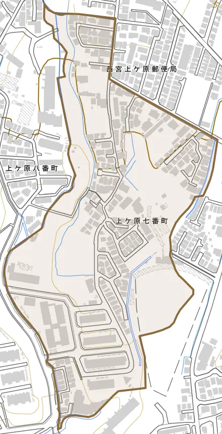 上ケ原七番町とその周辺の地図。町の範囲を重ねている