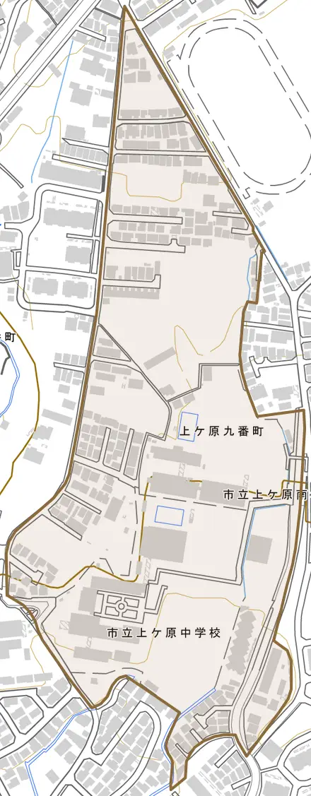 上ケ原九番町とその周辺の地図。町の範囲を重ねている