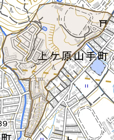 上ケ原山田町とその周辺の地図。町の範囲を重ねている