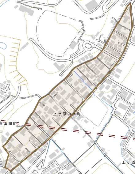 上ケ原山手町とその周辺の地図。町の範囲を重ねている