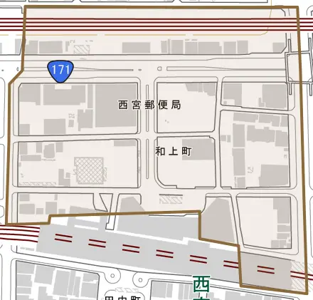 和上町とその周辺の地図。町の範囲を重ねている