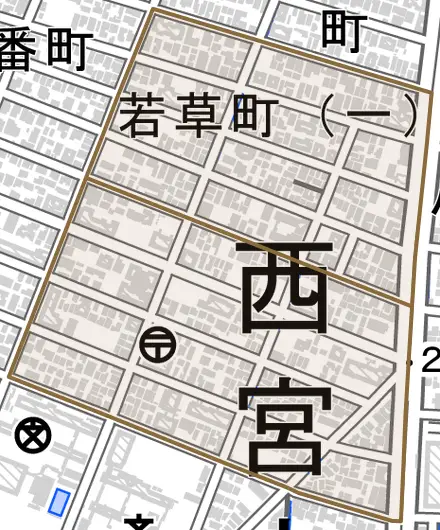 若草町とその周辺の地図。町の範囲を重ねている