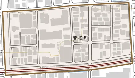 若松町とその周辺の地図。町の範囲を重ねている