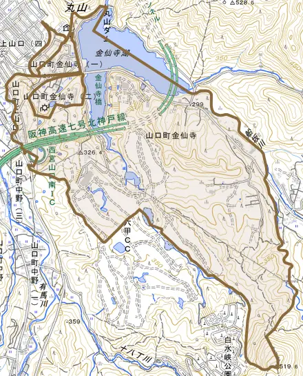 山口町金仙寺とその周辺の地図。町の範囲を重ねている