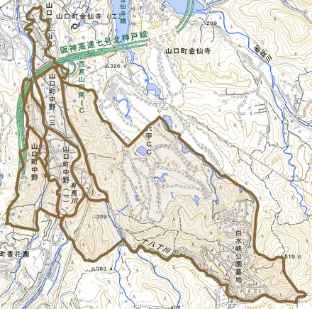 山口町中野とその周辺の地図。町の範囲を重ねている