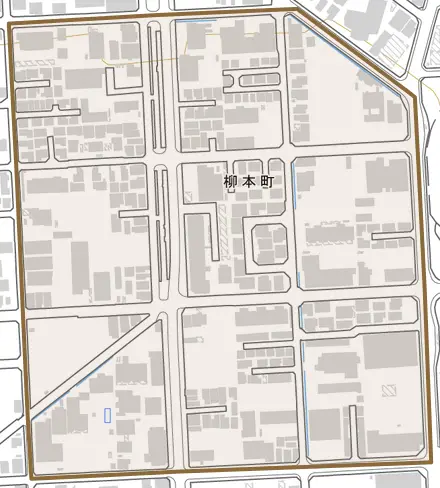 柳本町とその周辺の地図。町の範囲を重ねている