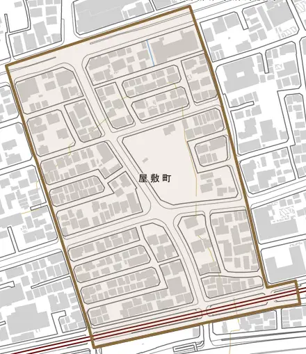 屋敷町とその周辺の地図。町の範囲を重ねている
