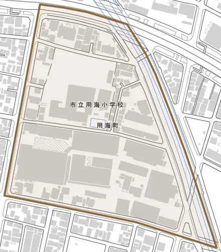 用海町とその周辺の地図。町の範囲を重ねている