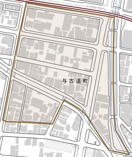 与古道町とその周辺の地図。町の範囲を重ねている