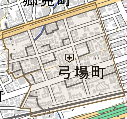 弓場町とその周辺の地図。町の範囲を重ねている