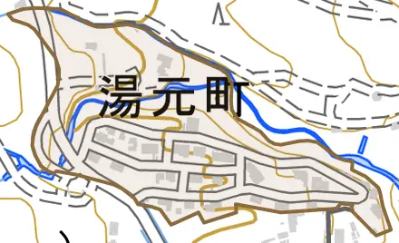 湯元町とその周辺の地図。町の範囲を重ねている