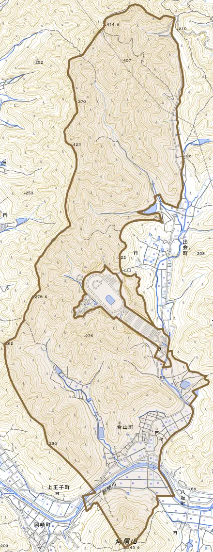 合山町とその周辺の地図。町の範囲を重ねている