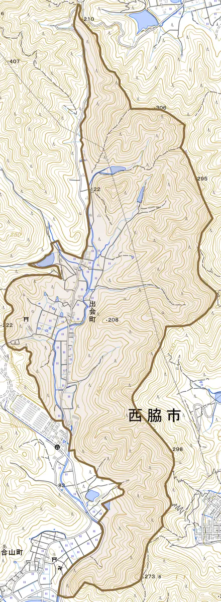 出会町とその周辺の地図。町の範囲を重ねている