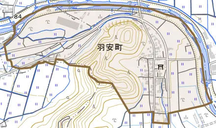 羽安町とその周辺の地図。町の範囲を重ねている