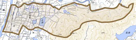 比延町とその周辺の地図。町の範囲を重ねている