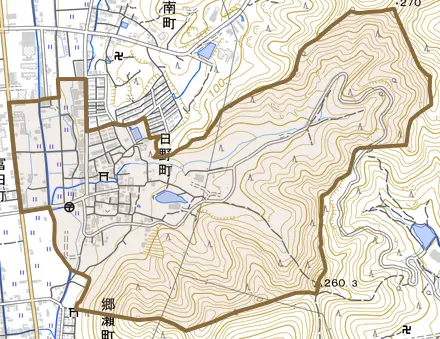 日野町とその周辺の地図。町の範囲を重ねている