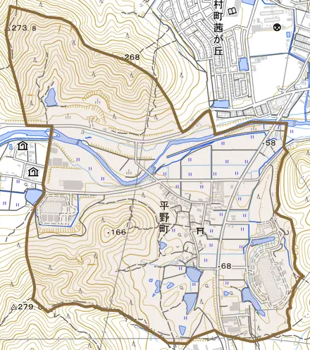 平野町とその周辺の地図。町の範囲を重ねている