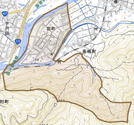 堀町とその周辺の地図。町の範囲を重ねている