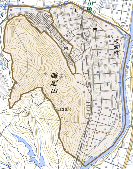 板波町とその周辺の地図。町の範囲を重ねている