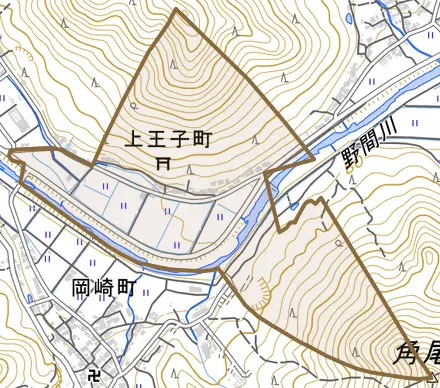 上王子町とその周辺の地図。町の範囲を重ねている
