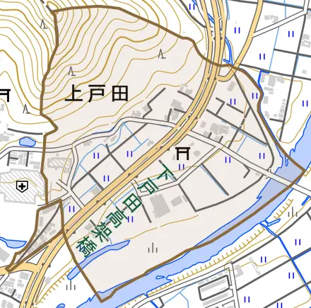 上戸田とその周辺の地図。町の範囲を重ねている