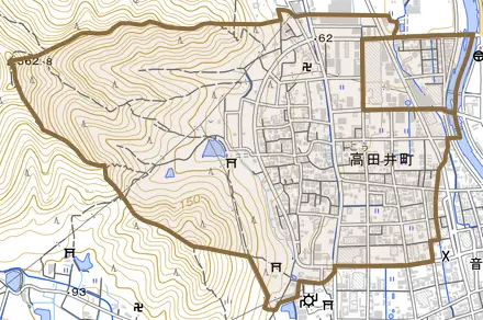 高田井町とその周辺の地図。町の範囲を重ねている